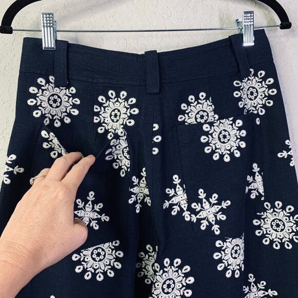 ZARA Pants Small‎ Linen Blend Culotte Embroidered Wide Leg Cropped Boho Trousers - Picture 9 of 15
